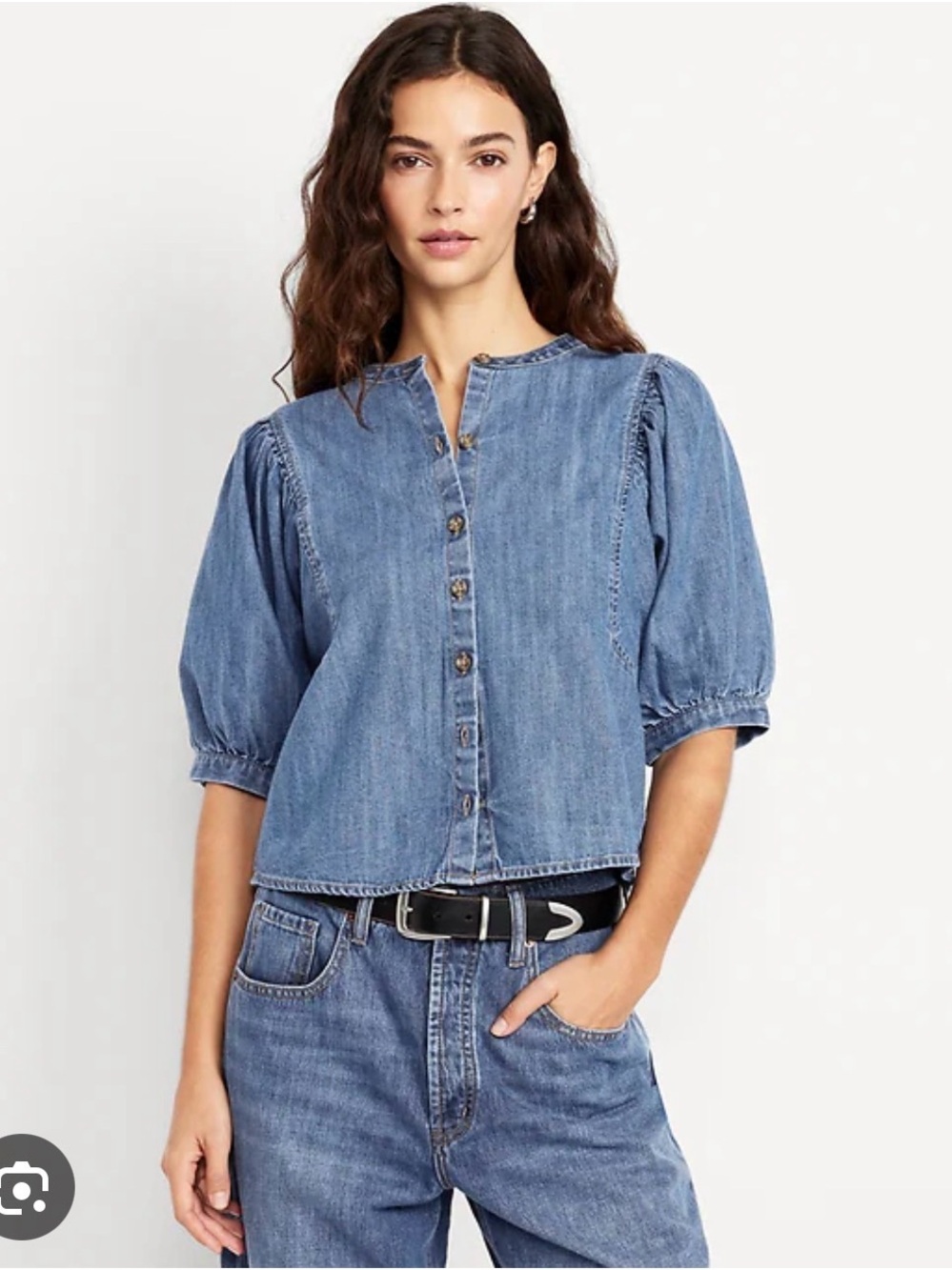 Old Navy Blue Denim Puff-Sleeve Button-Front Shirt